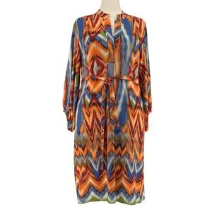 NY Collection XL Orange Blue Ikat Chevron Split Neck Belted Midi Dress XITD1101